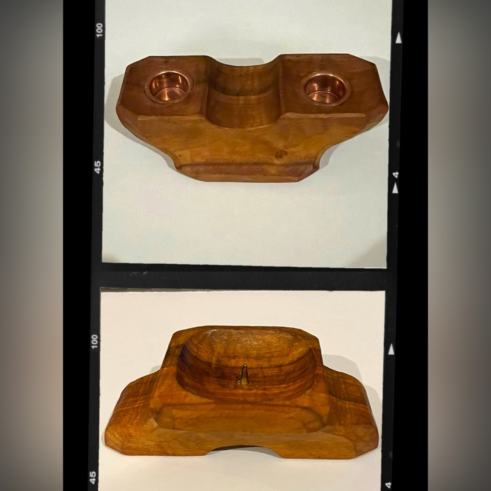 2 Way Hand Hewn Wood Candleholder w/ Copper Inserts For Tapers & Peg For 2” Dia.